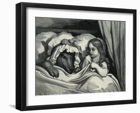 Little Red Riding Hood and Wolf Dressed as Her Grandmother-Gustave Doré-Framed Art Print