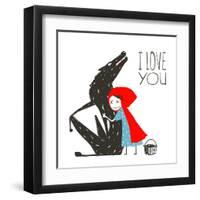 Little Red Riding Hood Loves Black Wolf. Little Red Riding Hood Hugs Wolf, Illustration for the Fai-Popmarleo-Framed Art Print