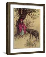 Little Red Riding Hood Meets the Wolf in the Woods-Warwick Goble-Framed Photographic Print