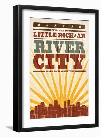 Little Rock, Arkansas - Skyline and Sunburst Screenprint Style-Lantern Press-Framed Art Print