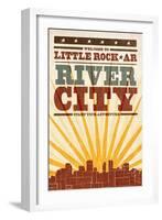 Little Rock, Arkansas - Skyline and Sunburst Screenprint Style-Lantern Press-Framed Art Print