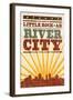 Little Rock, Arkansas - Skyline and Sunburst Screenprint Style-Lantern Press-Framed Art Print