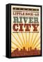 Little Rock, Arkansas - Skyline and Sunburst Screenprint Style-Lantern Press-Framed Stretched Canvas