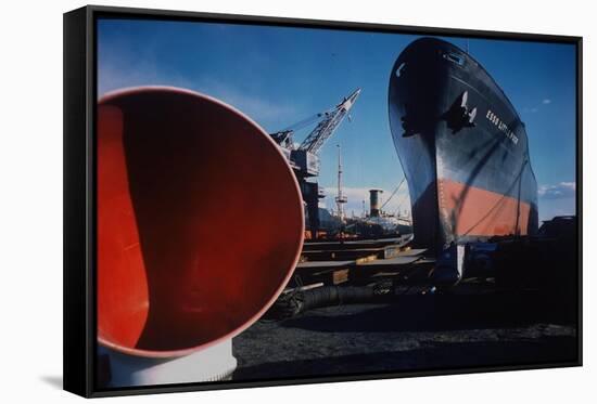 Little Rock Oil Tanker over Ship Ventilator Parts at Sun Shipbuilding and Dry Dock Co. Shipyards-Dmitri Kessel-Framed Stretched Canvas