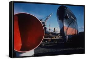 Little Rock Oil Tanker over Ship Ventilator Parts at Sun Shipbuilding and Dry Dock Co. Shipyards-Dmitri Kessel-Framed Stretched Canvas