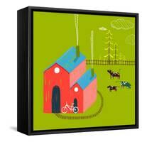 Little Village House Rural Landscape with Forest and Cows on Green. Colored Hand Drawn Sketchy Penc-Popmarleo-Framed Stretched Canvas