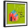 Little Village House Rural Landscape with Forest and Cows on Green. Colored Hand Drawn Sketchy Penc-Popmarleo-Framed Art Print