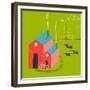 Little Village House Rural Landscape with Forest and Cows on Green. Colored Hand Drawn Sketchy Penc-Popmarleo-Framed Premium Giclee Print