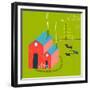 Little Village House Rural Landscape with Forest and Cows on Green. Colored Hand Drawn Sketchy Penc-Popmarleo-Framed Premium Giclee Print