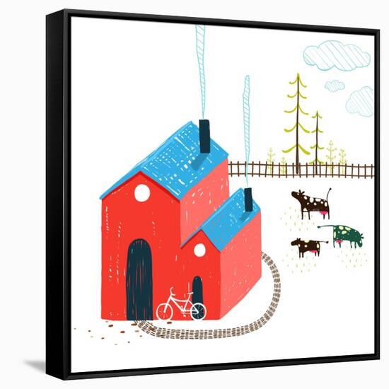 Little Village House Rural Landscape with Forest and Cows on White. Colored Hand Drawn Sketchy Penc-Popmarleo-Framed Stretched Canvas