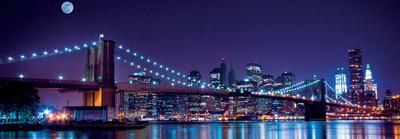 Brooklyn Bridge and Manhattan Skyline with a Full Moon Overhead-New York-Littleny-Mounted Art Print