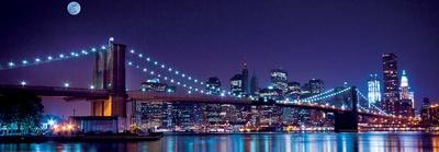 Brooklyn Bridge and Manhattan Skyline with a Full Moon Overhead-New York-Littleny-Art Print