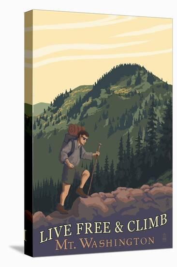 Live Free and Climb, Mt. Washington - Hiker Scene-Lantern Press-Stretched Canvas