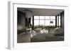 Living Room Interior with Open Fireplace and Floor to Ceiling Windows-PlusONE-Framed Photographic Print