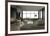 Living Room Interior with Open Fireplace and Floor to Ceiling Windows-PlusONE-Framed Photographic Print