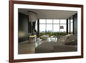 Living Room Interior with Open Fireplace and Floor to Ceiling Windows-PlusONE-Framed Photographic Print