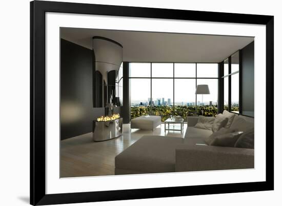 Living Room Interior with Open Fireplace and Floor to Ceiling Windows-PlusONE-Framed Photographic Print