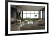 Living Room Interior with Open Fireplace and Floor to Ceiling Windows-PlusONE-Framed Photographic Print