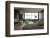 Living Room Interior with Open Fireplace and Floor to Ceiling Windows-PlusONE-Framed Photographic Print