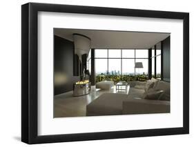 Living Room Interior with Open Fireplace and Floor to Ceiling Windows-PlusONE-Framed Photographic Print