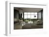 Living Room Interior with Open Fireplace and Floor to Ceiling Windows-PlusONE-Framed Photographic Print