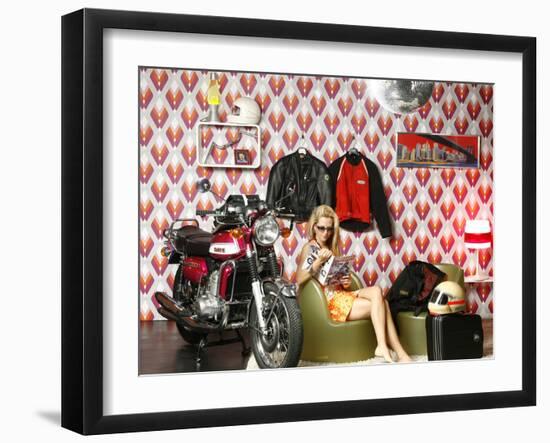 Living Space, Woman, Plastic-Chairs, Newspaper, Relaxation-Fact-Framed Photographic Print