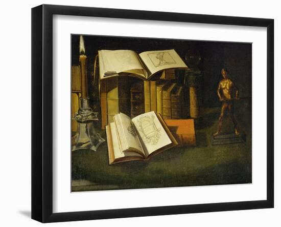 Livre, chandelle et statuette-Book, candle and statuette.-Sebastian Stosskopf-Framed Giclee Print