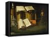 Livre, chandelle et statuette-Book, candle and statuette.-Sebastian Stosskopf-Framed Stretched Canvas