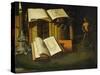 Livre, chandelle et statuette-Book, candle and statuette.-Sebastian Stosskopf-Stretched Canvas