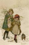 Two Girls and Their Dog Gather Mistletoe in the Snow-Lizzie-Stretched Canvas