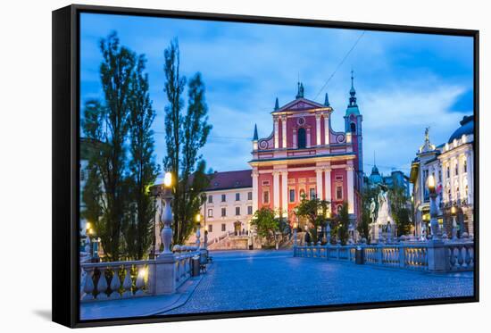 Ljubljana at Night. Franciscan Church of the Annunciation Seen from the Triple Bridge (Tromostovje)-Matthew Williams-Ellis-Framed Stretched Canvas