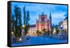 Ljubljana at Night. Franciscan Church of the Annunciation Seen from the Triple Bridge (Tromostovje)-Matthew Williams-Ellis-Framed Stretched Canvas