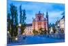 Ljubljana at Night. Franciscan Church of the Annunciation Seen from the Triple Bridge (Tromostovje)-Matthew Williams-Ellis-Mounted Photographic Print