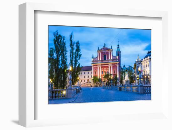 Ljubljana at Night. Franciscan Church of the Annunciation Seen from the Triple Bridge (Tromostovje)-Matthew Williams-Ellis-Framed Photographic Print