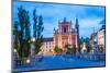 Ljubljana at Night. Franciscan Church of the Annunciation Seen from the Triple Bridge (Tromostovje)-Matthew Williams-Ellis-Mounted Photographic Print