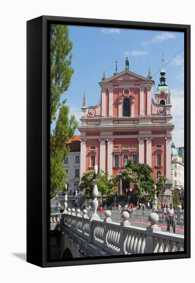 Ljubljana, Slovenia. Presernov trg (or square) and the Baroque Franciscan Church of the Annuncia...-null-Framed Stretched Canvas