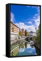 Ljubljana Triple Bridge and Franciscan Church of the Annunciation Reflected in Ljubljanica River-Matthew Williams-Ellis-Framed Stretched Canvas