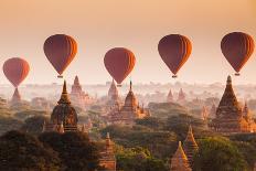 Hot Air Balloon over Plain of Bagan in Misty Morning, Myanmar-lkunl-Photographic Print