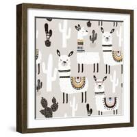 Llama and Cactus Pattern-SolodkayaMari-Framed Art Print