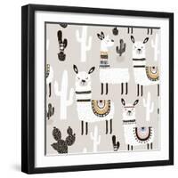 Llama and Cactus Pattern-SolodkayaMari-Framed Art Print