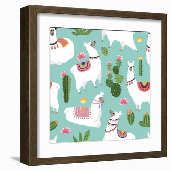 Llama and Cactus Pattern-ONYXprj-Framed Art Print