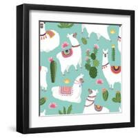 Llama and Cactus Pattern-ONYXprj-Framed Art Print