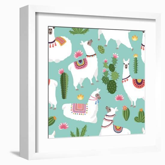 Llama and Cactus Pattern-ONYXprj-Framed Art Print