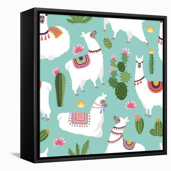 Llama and Cactus Pattern-ONYXprj-Framed Stretched Canvas