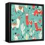 Llamas and Cactus on Green Background-Lidiebug-Framed Stretched Canvas