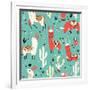 Llamas and Cactus on Green Background-Lidiebug-Framed Art Print