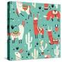 Llamas and Cactus on Green Background-Lidiebug-Stretched Canvas