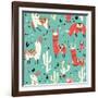 Llamas and Cactus on Green Background-Lidiebug-Framed Art Print