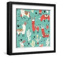 Llamas and Cactus on Green Background-Lidiebug-Framed Art Print