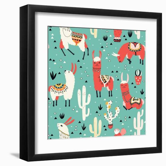 Llamas and Cactus on Green Background-Lidiebug-Framed Art Print